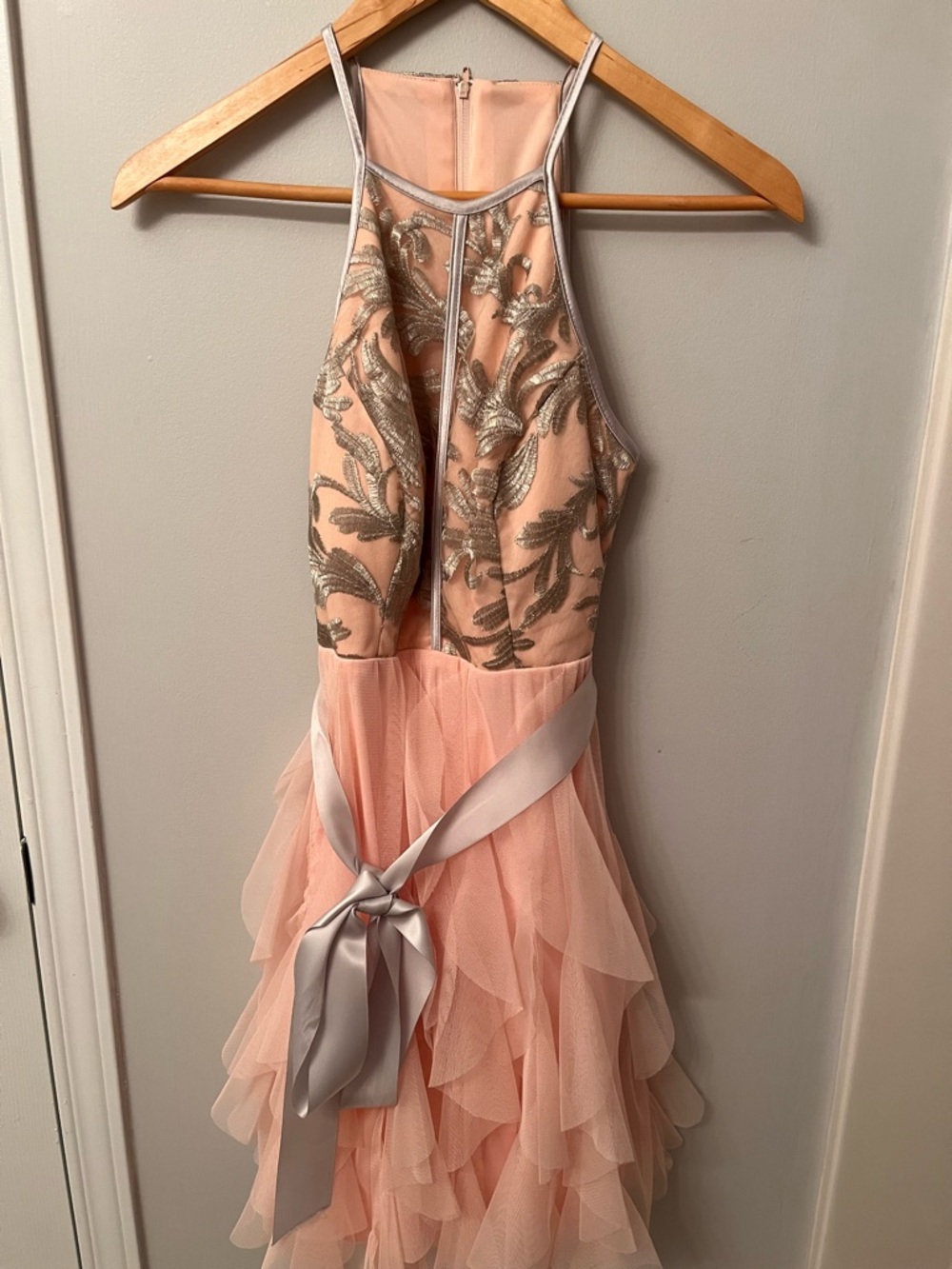 Le Chateau Pink & Silver Ruffle Halter Dress with Silver Embellished Bodice